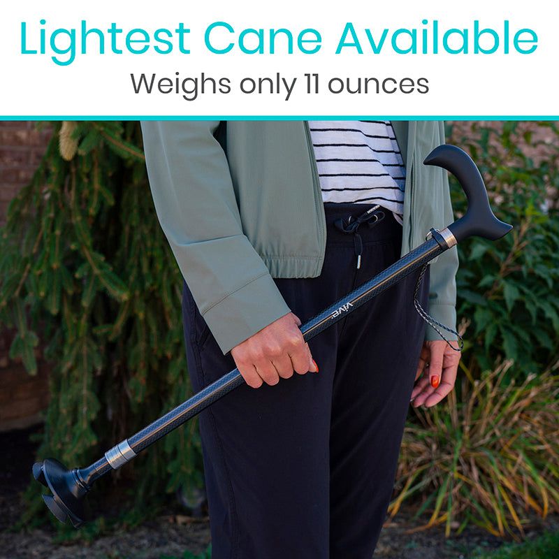 Person holding a lightweight cane with text 'Lightest Cane Available' and 'Weights only 11 ounces'.