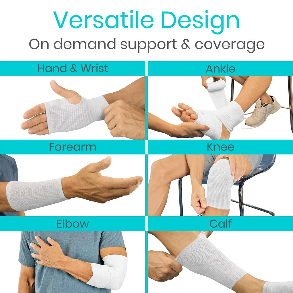 Collage showing various parts of the body with white bandages on, labeled for hand & wrist, ankle, forearm, knee, elbow, and calf.