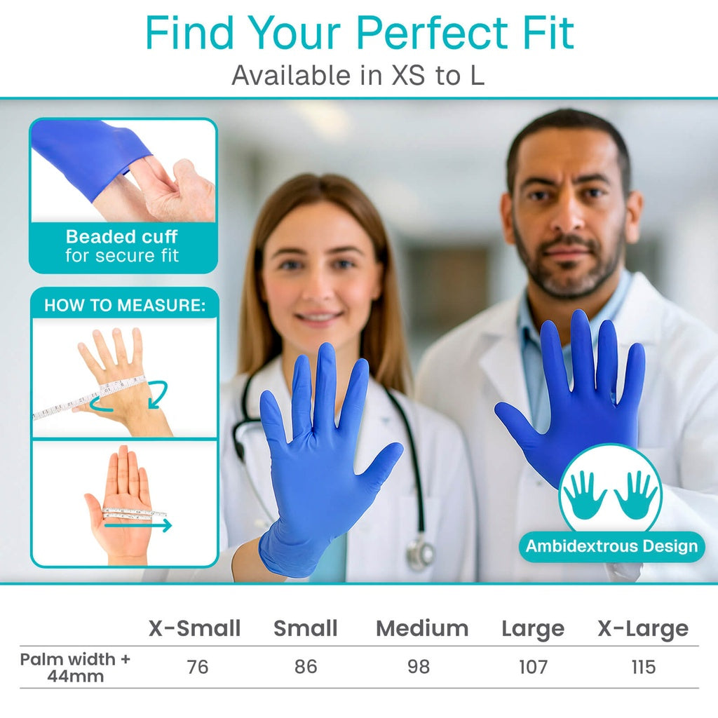 Promotional image of blue gloves with measurement guide and size chart, featuring a doctor and nurse.