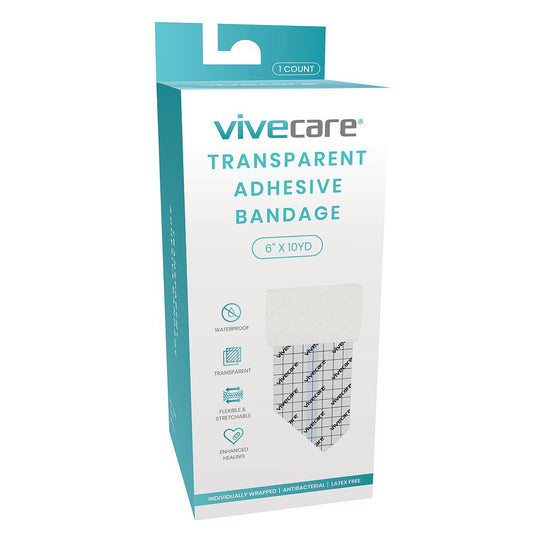 Vivecare transparent adhesive bandage packaging on a white background