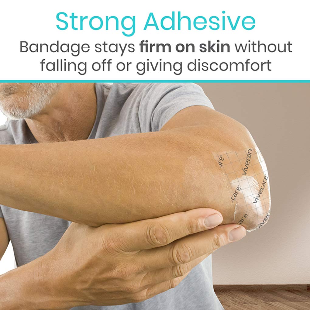 Person applying a bandage to their arm with text highlighting strong adhesive properties.