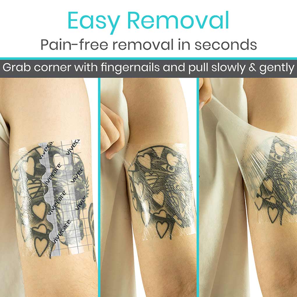 Tattoo removal process with clear tape over a tattoo, showing text about easy removal and pain-free removal in seconds.