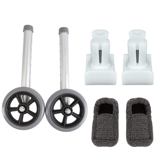 Set of replacement wheels and socket connectors on a white background