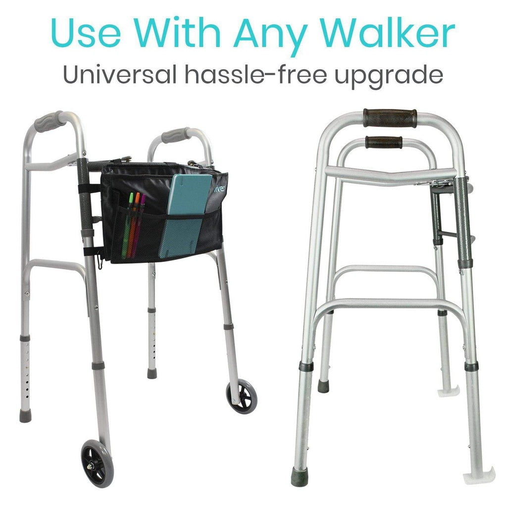 Two walkers with a basket attached, labeled 'Use With Any Walker' on a white background.