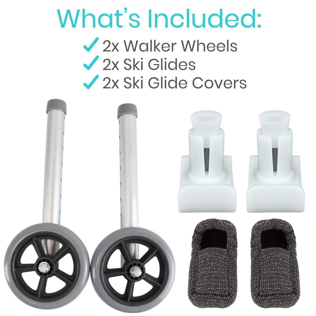 Set of walker wheels, ski glides, and covers with text indicating what's included.