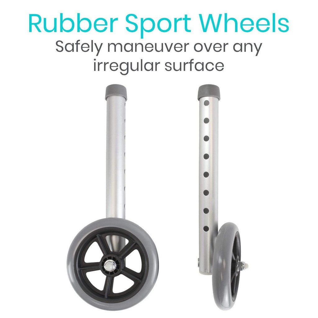 Two rubber sports wheels with text highlighting their ability to safely maneuver over irregular surfaces.
