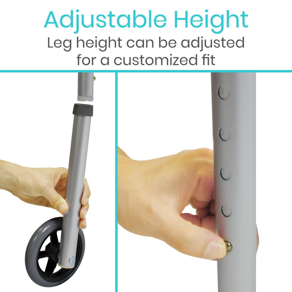 Adjustable height feature of a mobility aid with hands shown adjusting the leg height.