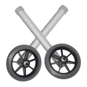 Two crossed metal bars with wheels on a white background