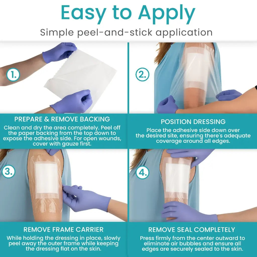 Step-by-step guide on applying a medical dressing with text indicating 'Easy to Apply' and 'Simple peel-and-stick application'.