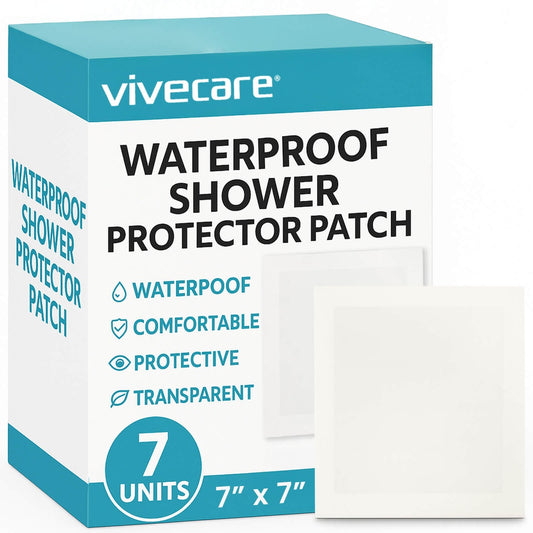 Vivecare waterproof shower protector patch packaging with a white patch on a white background