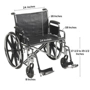 Wheelchair with labeled dimensions on a white background