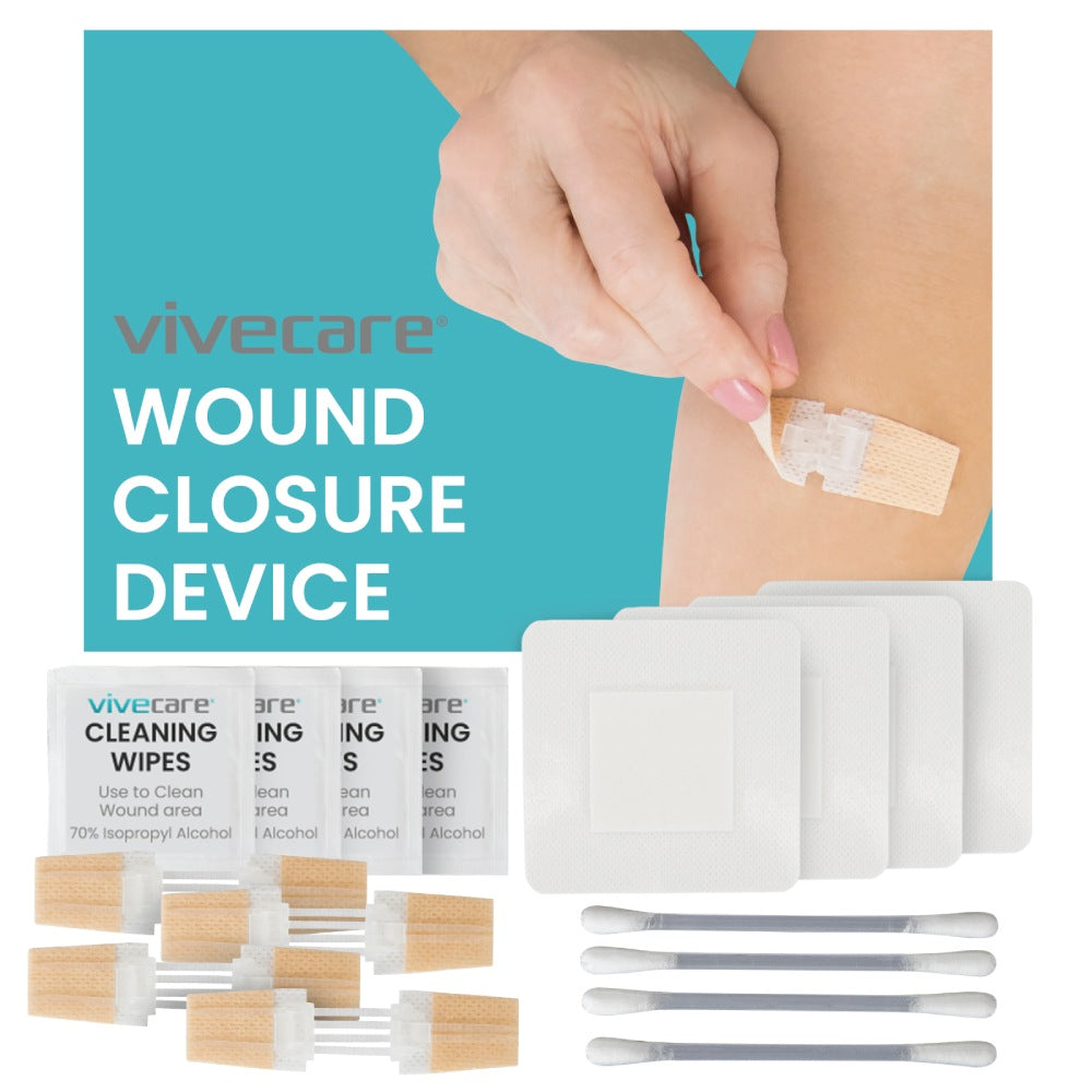 Vivecare wound closure device kit with cleaning wipes and applicators on a blue background