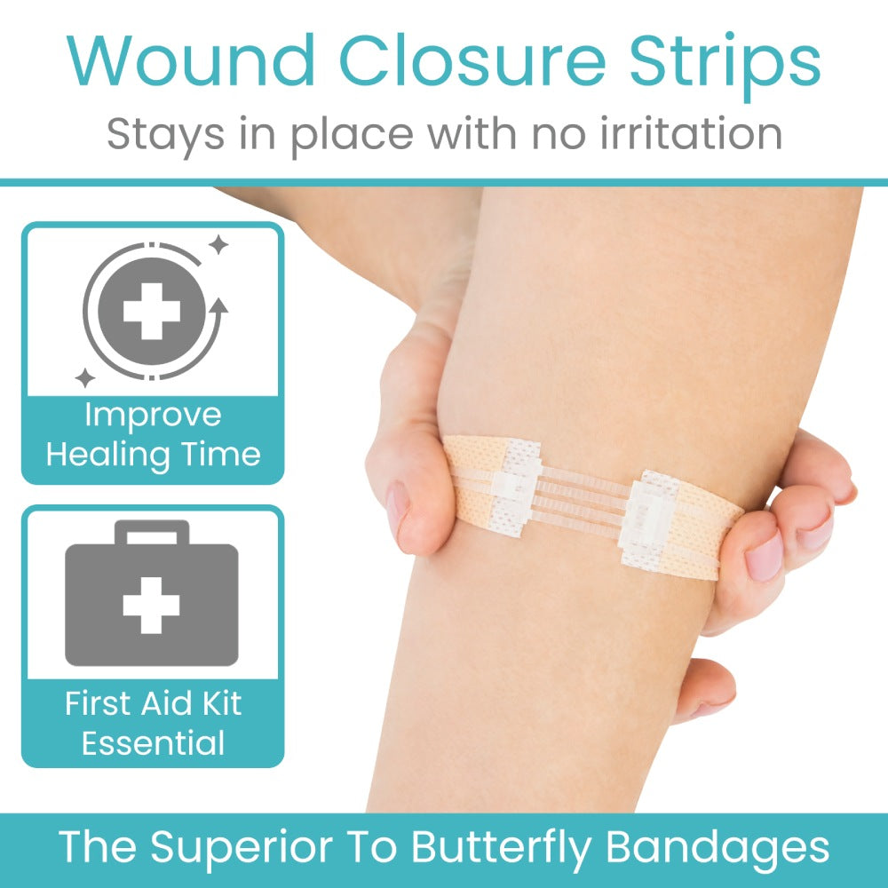 Wound closure strip being applied to a knee with text highlighting benefits on a white background