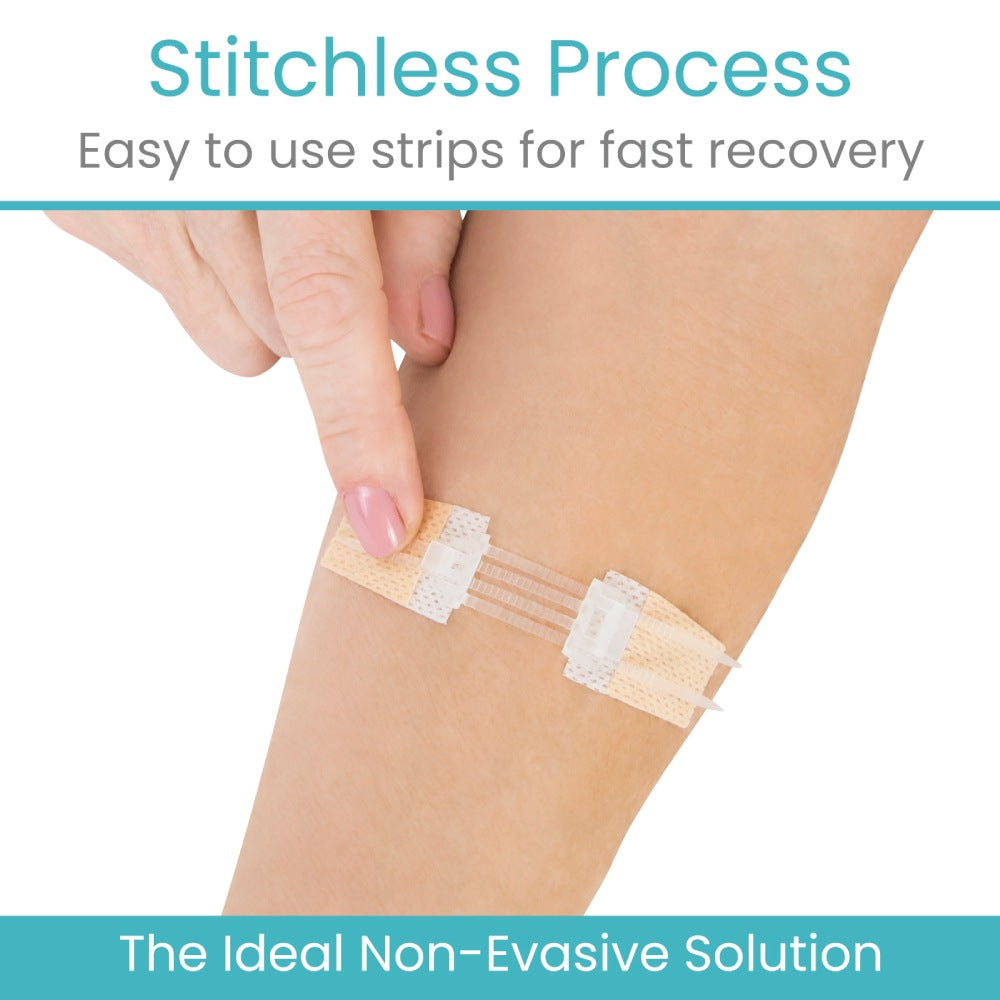 Person applying a bandage strip on their arm with text about a 'Stitchless Process' for fast recovery.
