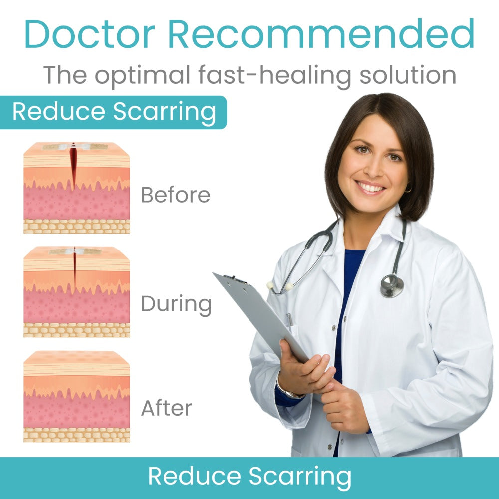 Doctor holding a clipboard with 'Doctor Recommended' text and skin healing stages illustration.