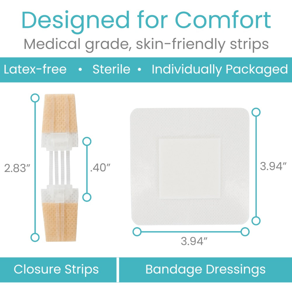 Medical grade skin-friendly strips with dimensions and features listed.