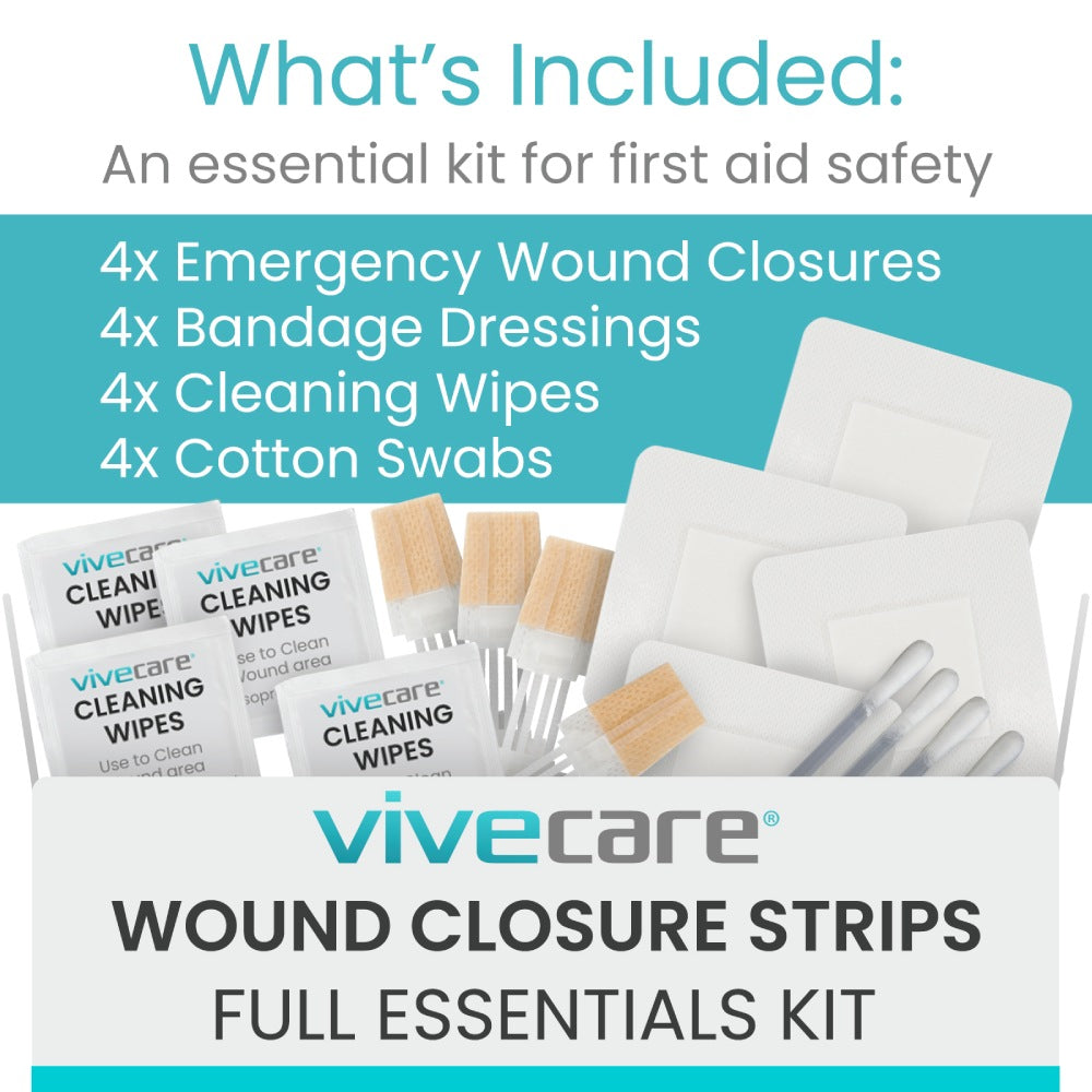 Vivecare first aid kit with emergency wound closures, bandage dressings, cleaning wipes, and cotton swabs on a white background.