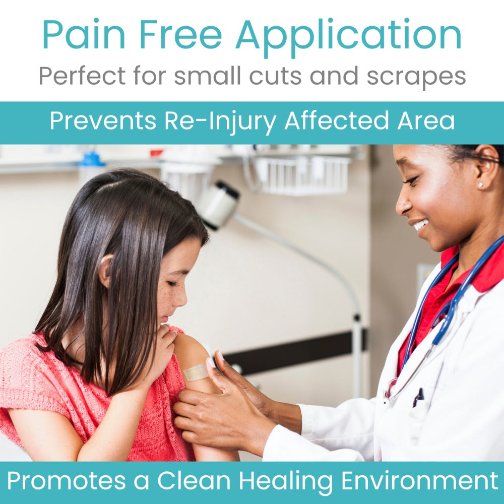 Doctor applying a bandage to a child's arm with promotional text about pain-free application and healing environment.
