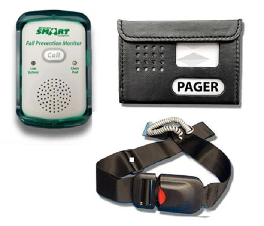 Fall prevention monitor, pager, and dog collar on a white background