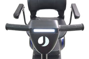 Close-up of a scooter handlebar with a logo on a white background