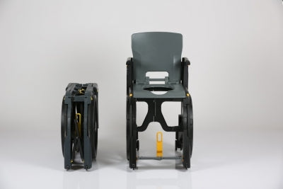 Black wheelchair frame with gray seat on a white background