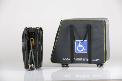 Black suitcase with a wheelchair symbol on a white background