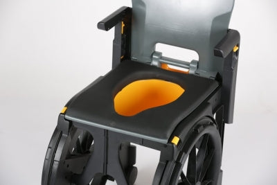 Wheelchair with an attached commode seat on a white background
