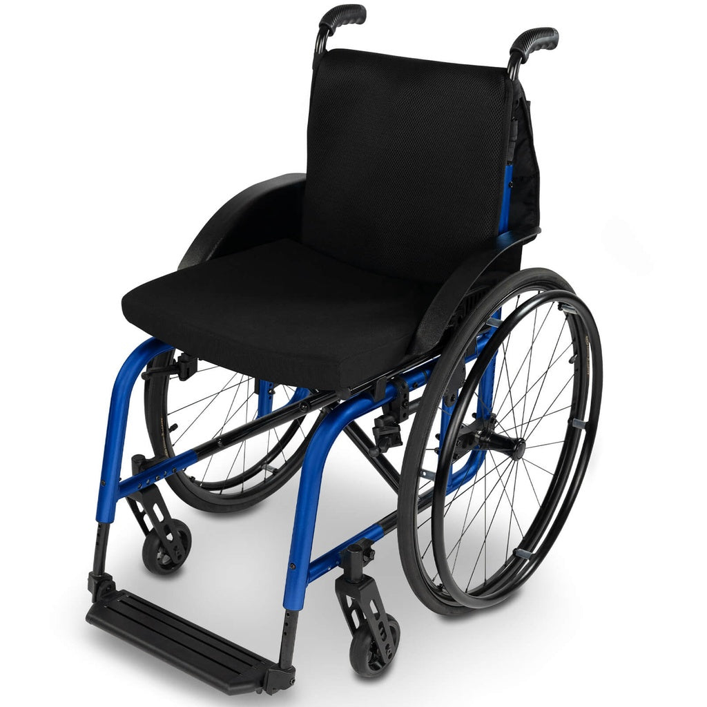 Wheelchair with blue frame and black seat on a white background