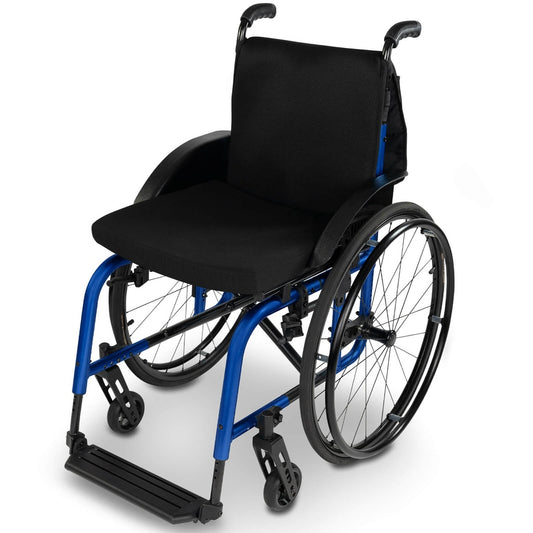 Wheelchair with blue frame and black seat on a white background