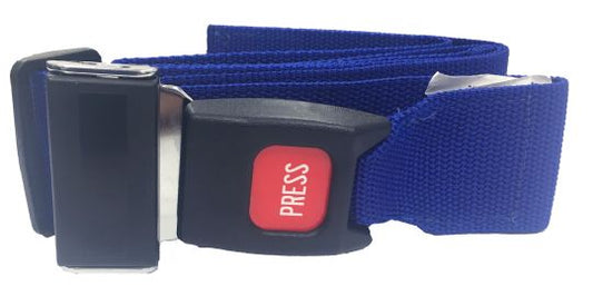 Blue belt with a red 'PRESS' button on a white background