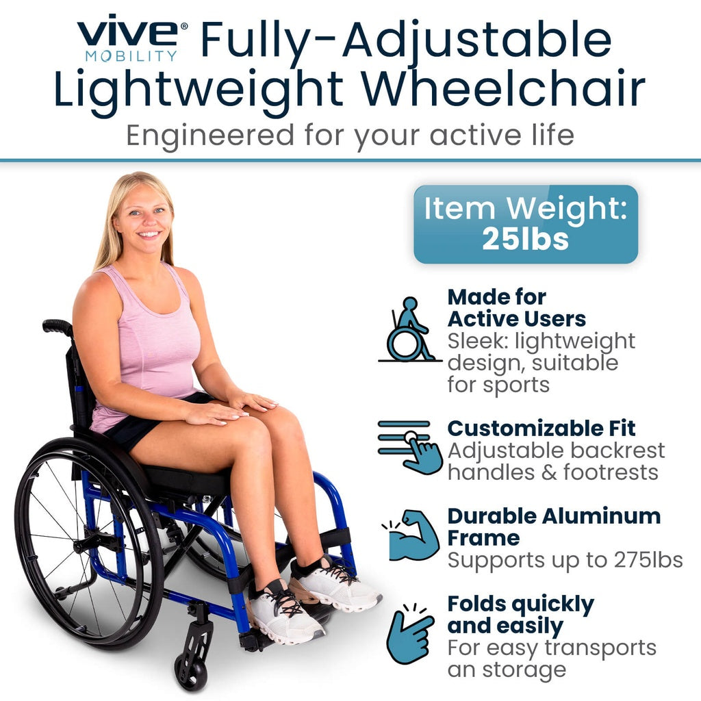 Vive Mobility fully-adjustable lightweight wheelchair with a woman sitting in it, featuring product details.