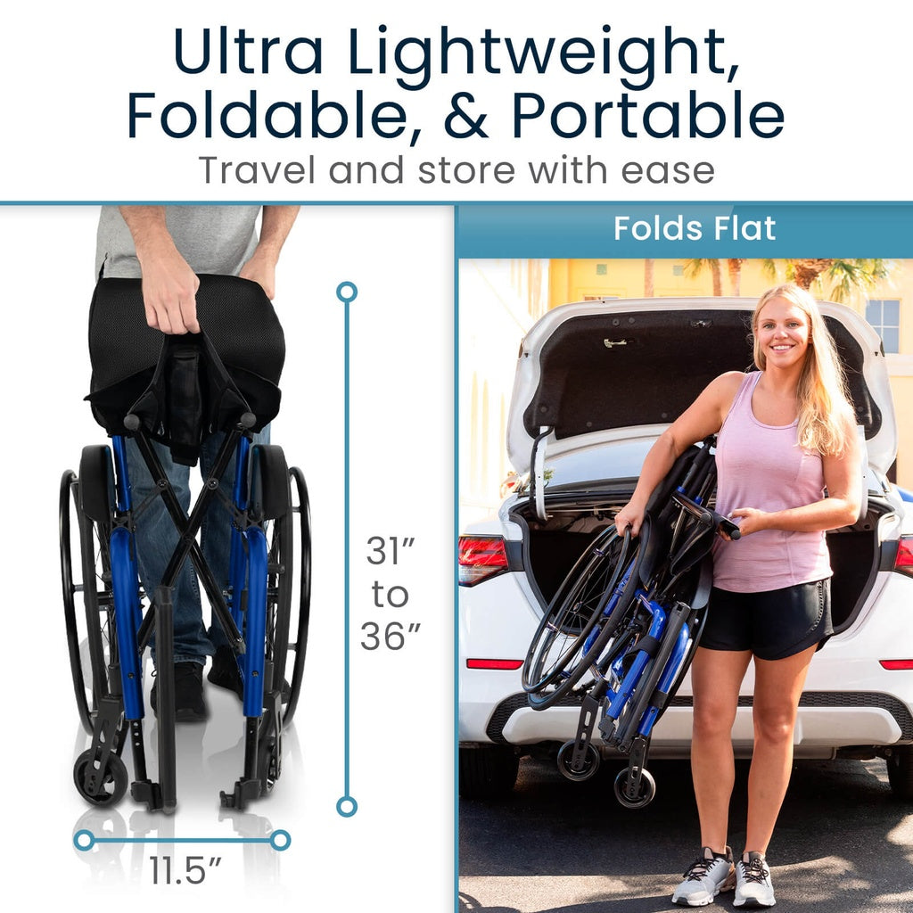 Foldable wheelchair being shown for travel and storage ease with text highlighting features.