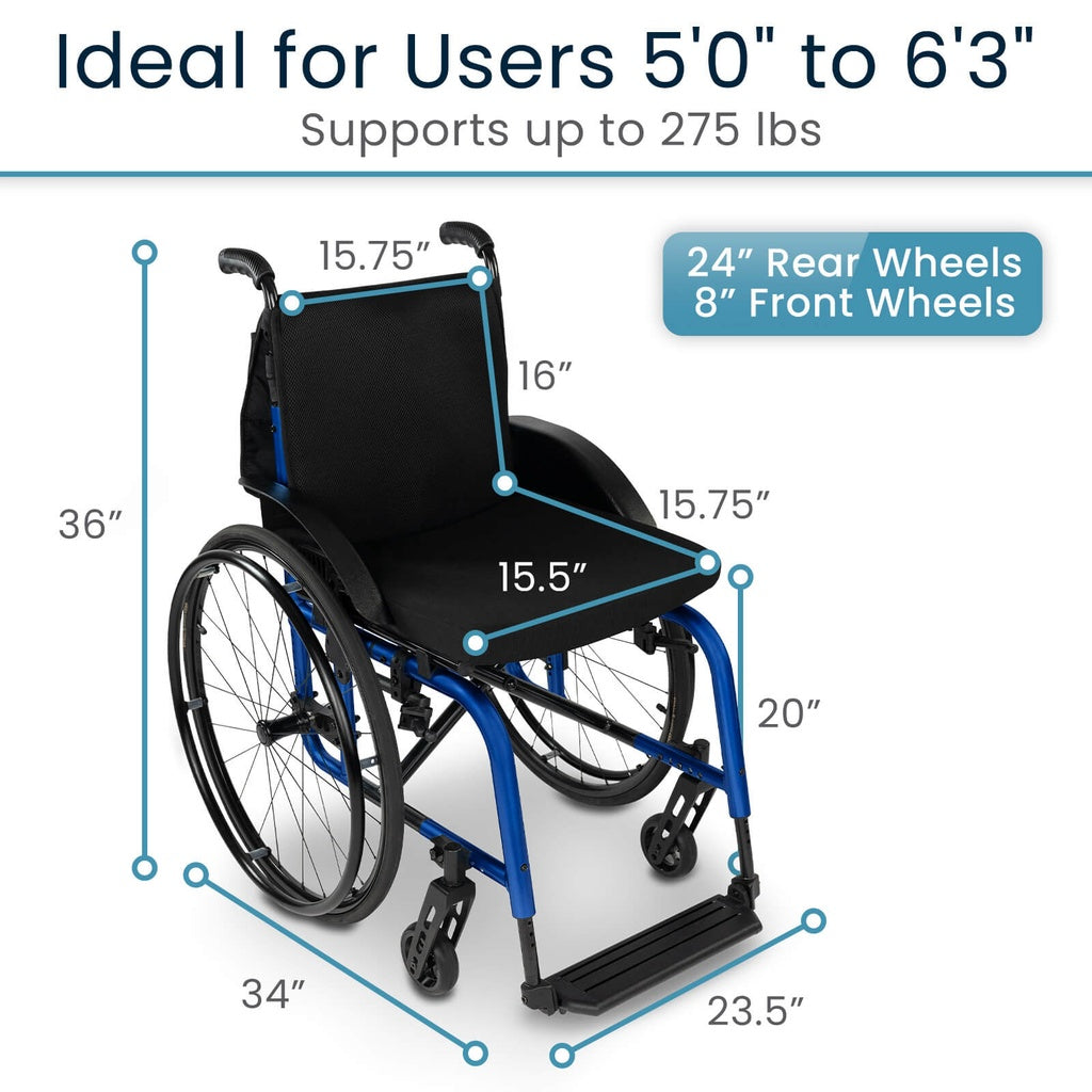 Wheelchair with dimensions labeled on a white background