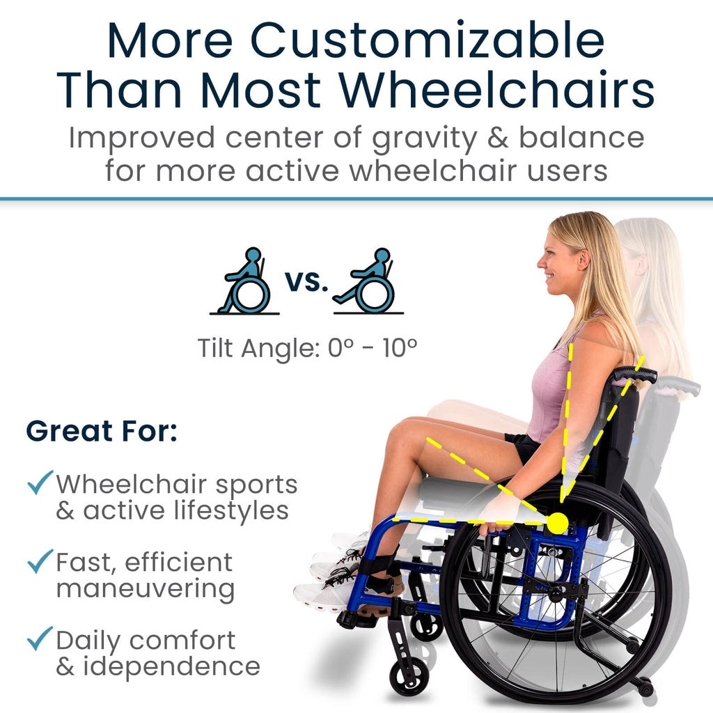Wheelchair with customizable features for active users, including a woman using the wheelchair.