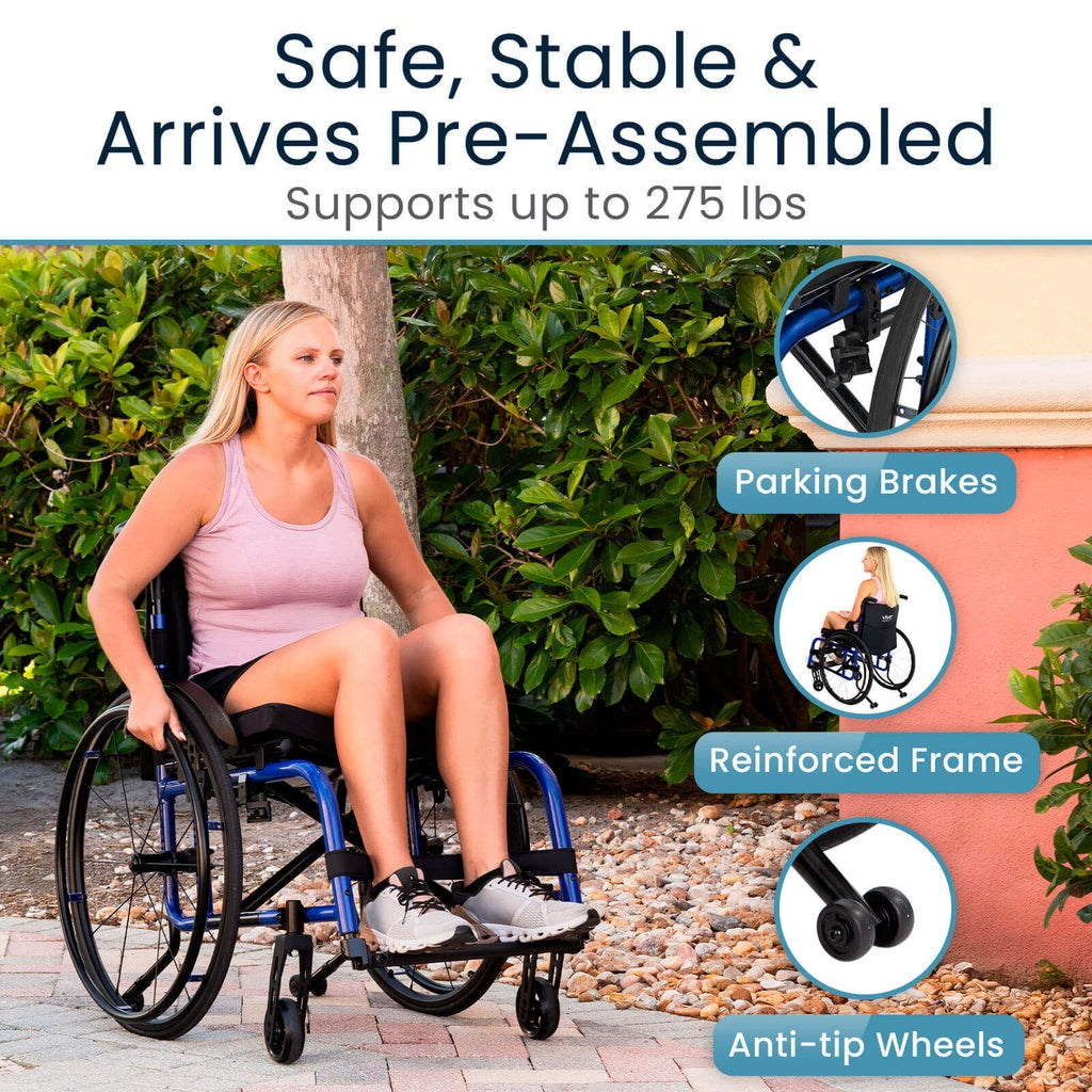 Woman using a wheelchair with safety features highlighted on a natural background