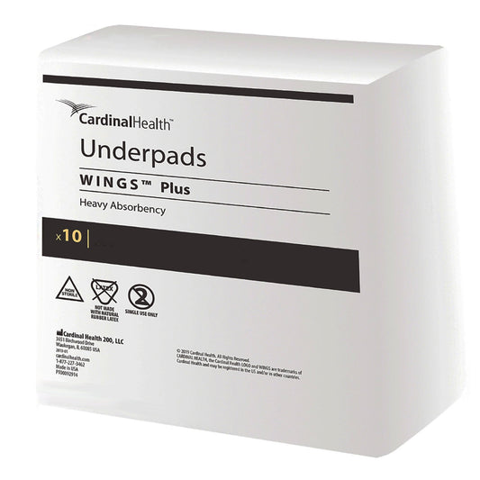 Box of Cardinal Health Underpads WINGS Plus on a white background