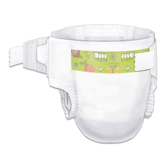 White diaper with a colorful label on a white background
