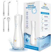 HealthSmart cordless water flosser with packaging and nozzles on a white background