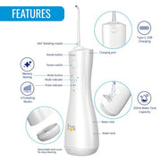 White dental water flosser with labeled features on a white background