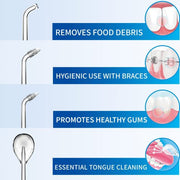  dental cleaning device with text on its benefits against a light blue background