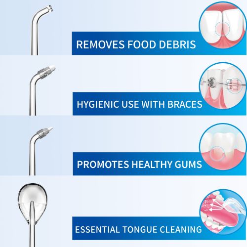  dental cleaning device with text on its benefits against a light blue background