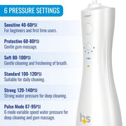 White water flosser with pressure settings labeled on a white background