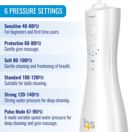 White water flosser with pressure settings labeled on a white background