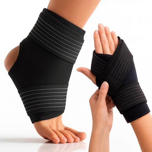 Black compression wraps on a foot and wrist against a white background