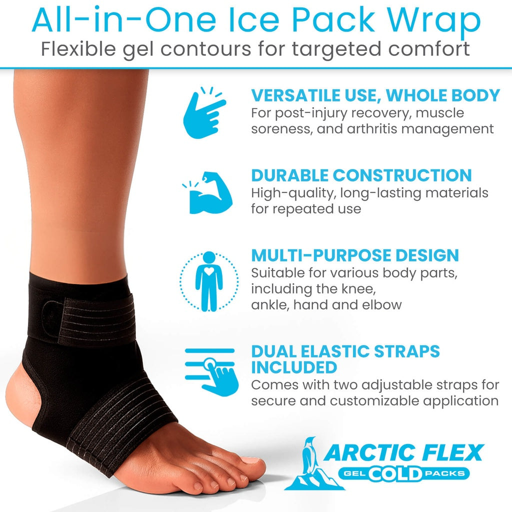 Arctic Flex gel cold packs ice pack wrap with text on benefits and usage