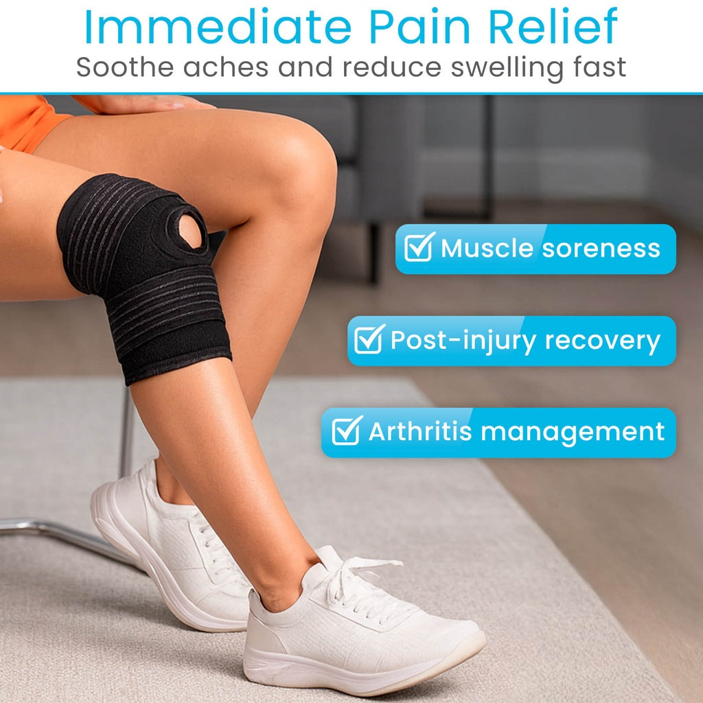 Person wearing a black knee brace with text about pain relief for muscle soreness, post-injury recovery, and arthritis management.