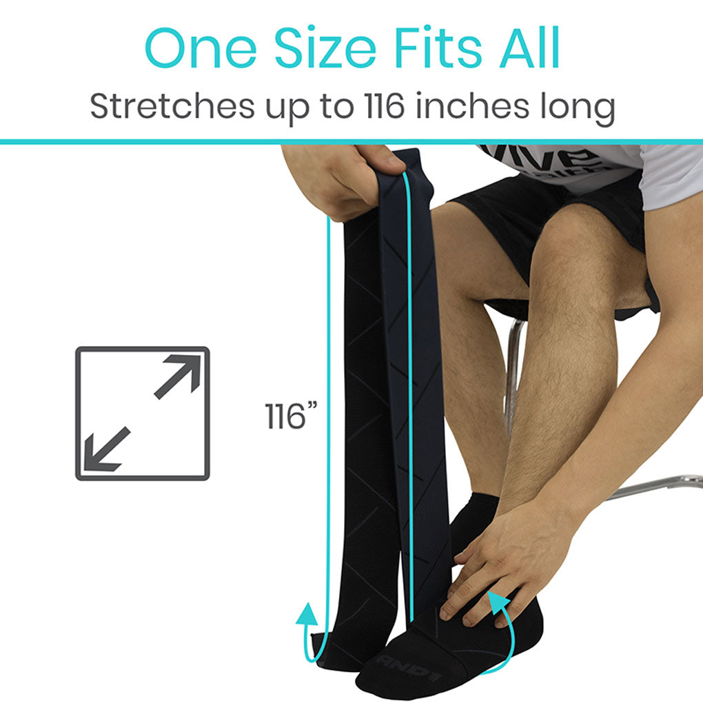 Person using a black resistance band with text indicating 'One Size Fits All' and 'Stretches up to 116 inches long'.