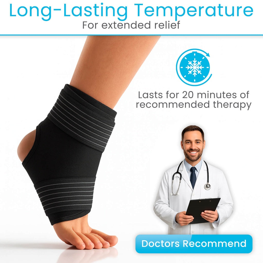 Black ankle brace on a foot with a doctor holding a clipboard, labeled 'Long-Lasting Temperature' and 'Doctors Recommend'.