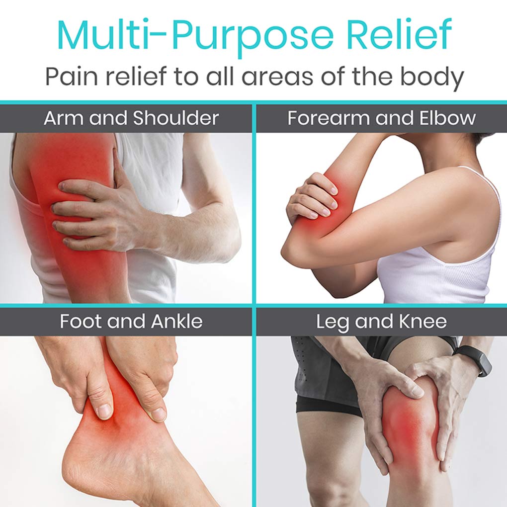 Product advertisement for pain relief showing various body parts with red highlights.