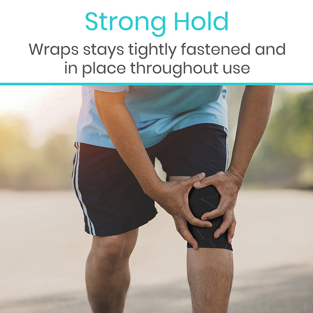 Person wearing a knee support wrap with text about its strength and stability.